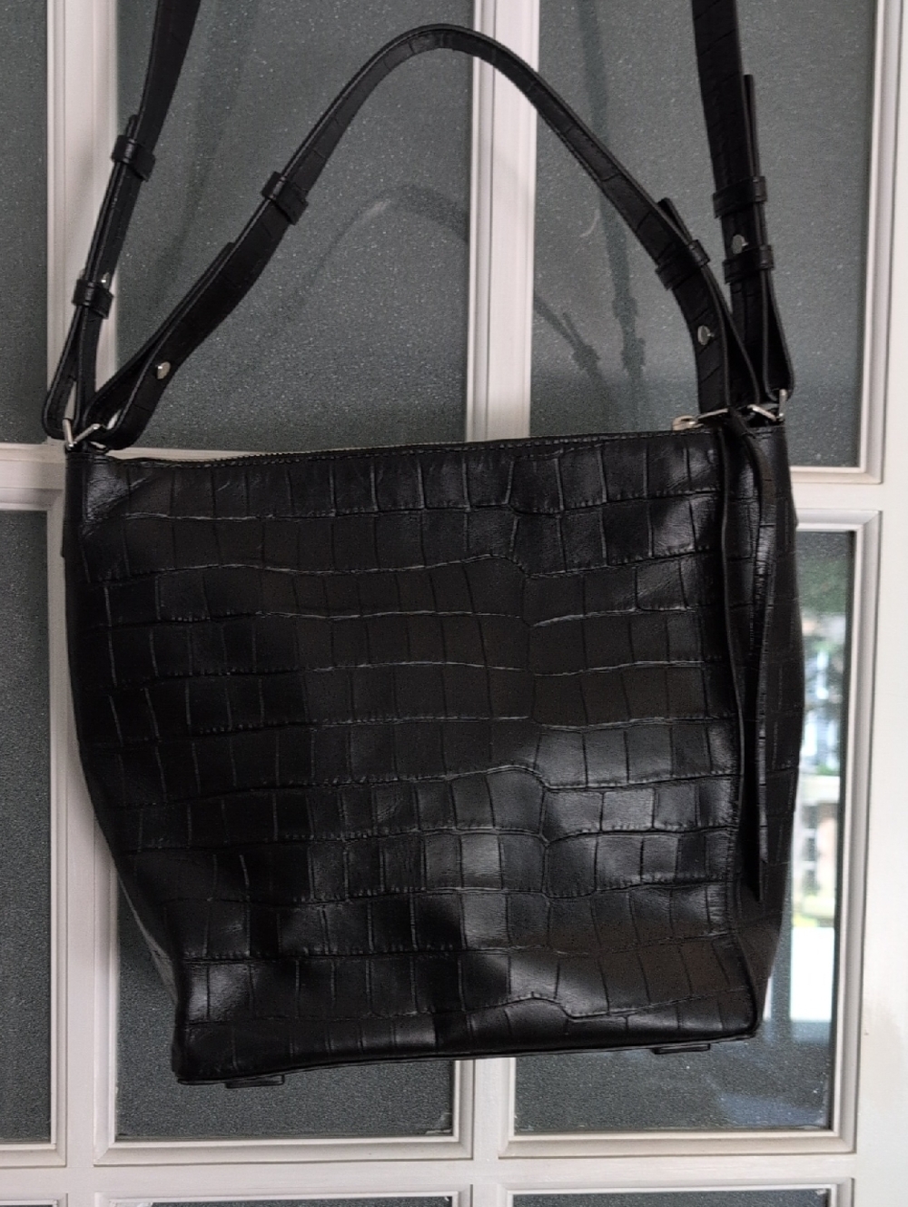 AllSaints Black Croc-Embossed bucket Bag With Top Handle And Detachable Shoulder